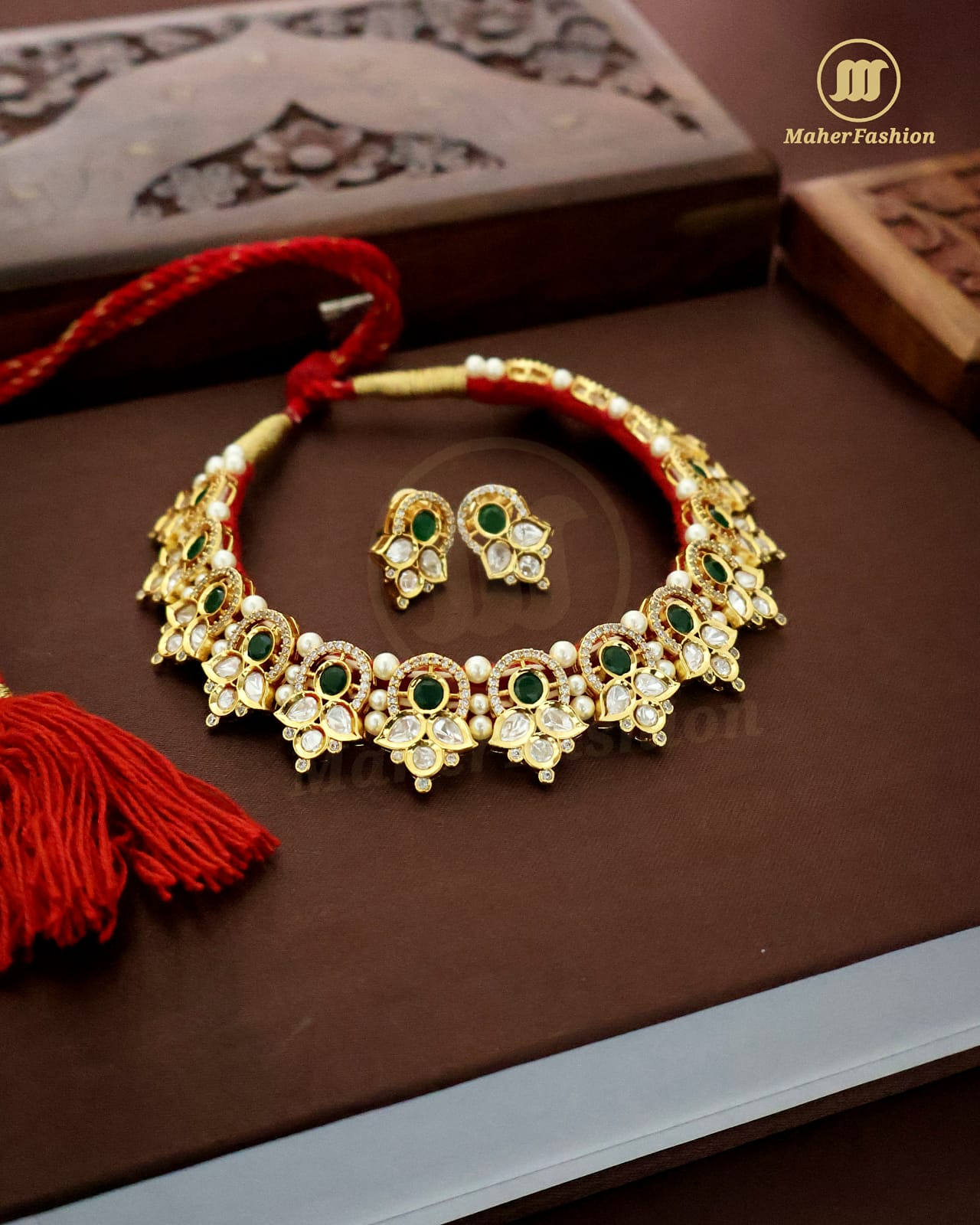 Glorious Gold Plated Ruby Green White Choker